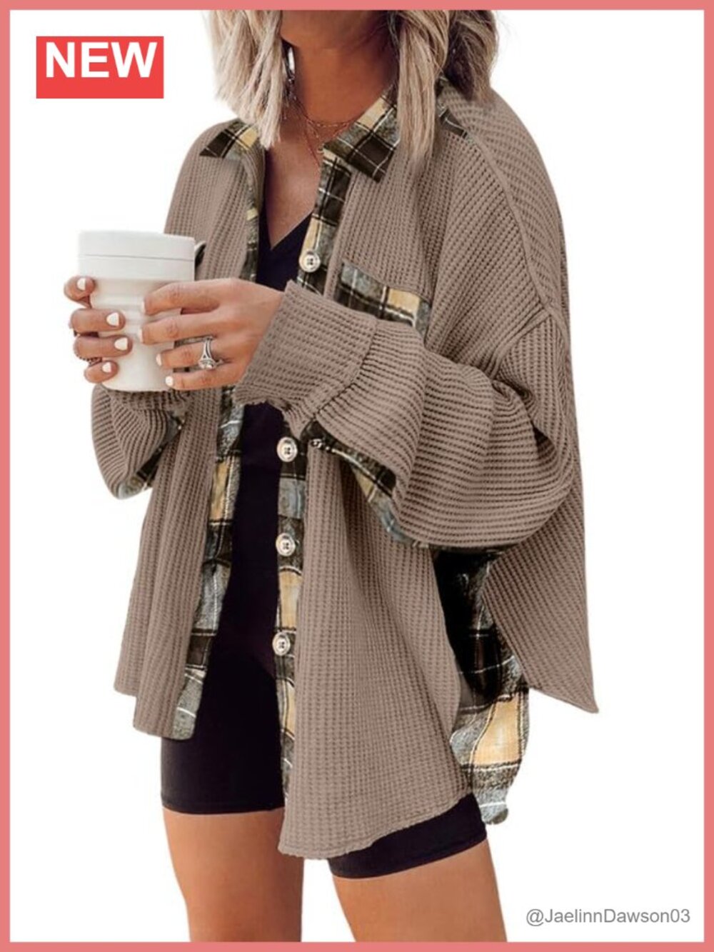 SHEWIN Waffle Knit Plaid Shacket Button Down Flannel Shirt Long Sleeve Tops